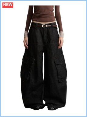 High Waisted Barrel Leg Cargo Jeans Wide Leg Boyfriend Fit Denim